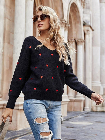 Embroidery Heart Print Sweater — V-Neck One Shoulder Sweater