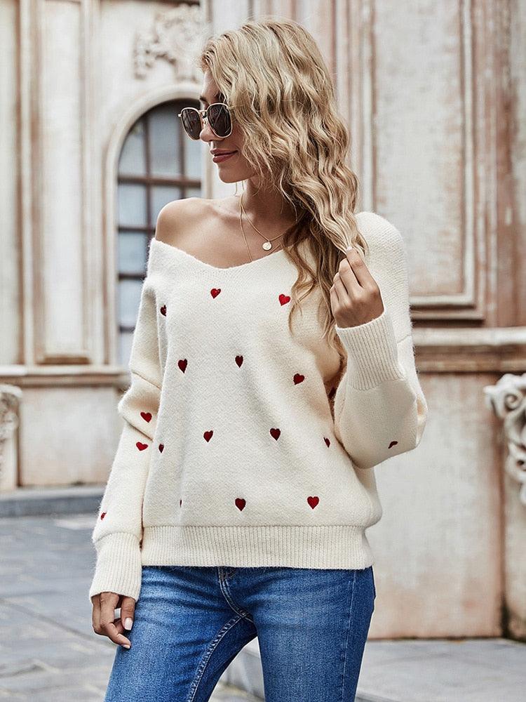 Embroidery Heart Print Sweater — V-Neck One Shoulder Sweater