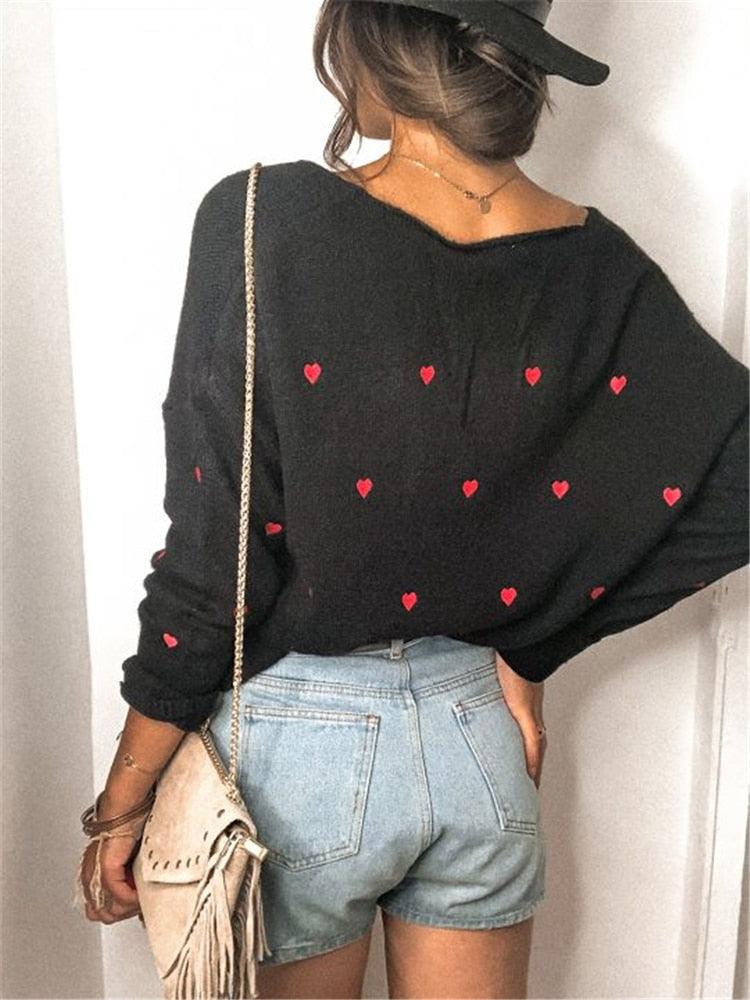 Embroidery Heart Print Sweater — V-Neck One Shoulder Sweater