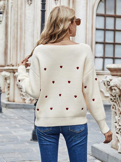 Embroidery Heart Print Sweater — V-Neck One Shoulder Sweater