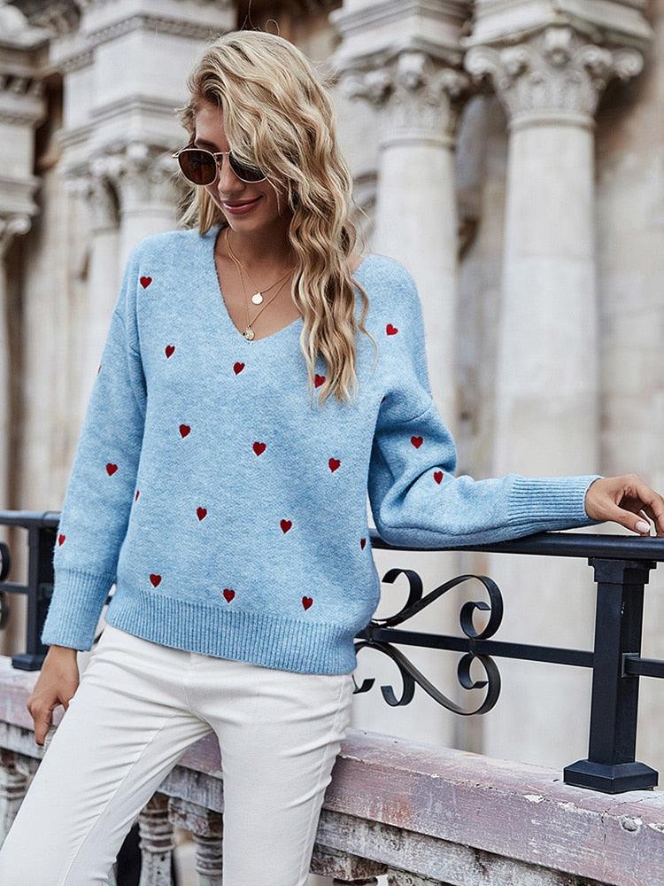 Embroidery Heart Print Sweater — V-Neck One Shoulder Sweater