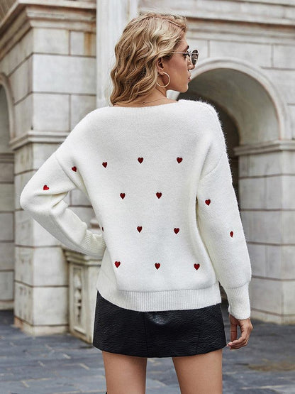 Embroidery Heart Print Sweater — V-Neck One Shoulder Sweater