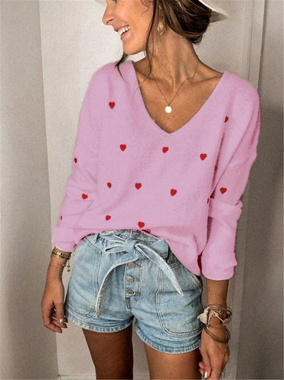 Embroidery Heart Print Sweater — V-Neck One Shoulder Sweater