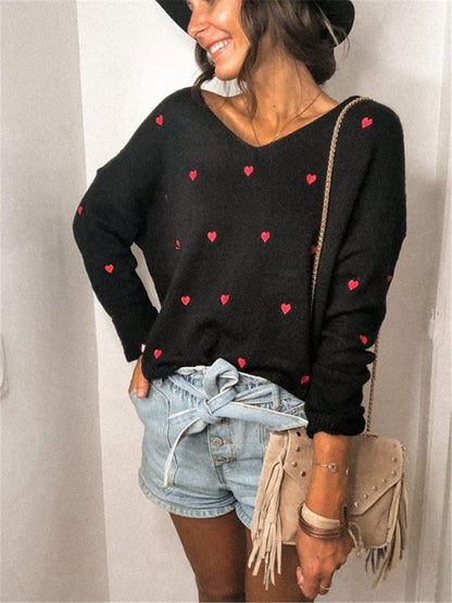 Embroidery Heart Print Sweater — V-Neck One Shoulder Sweater