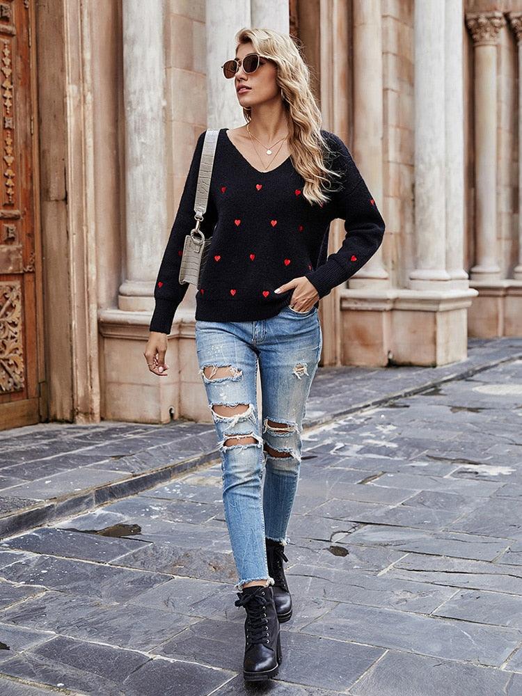 Embroidery Heart Print Sweater — V-Neck One Shoulder Sweater