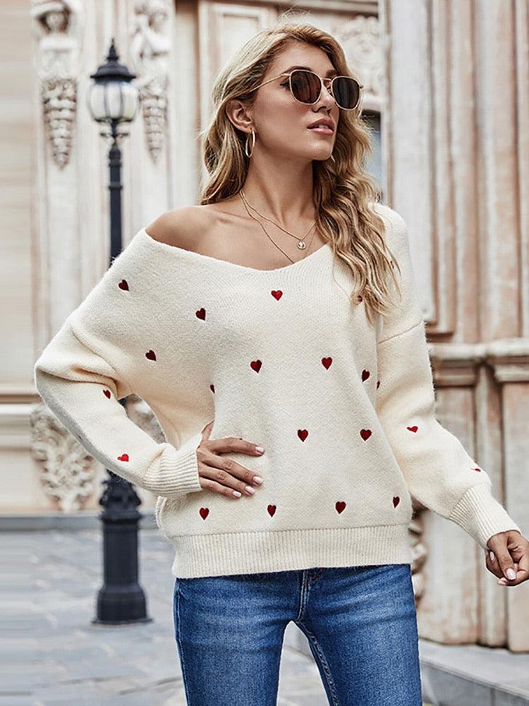 Embroidery Heart Print Sweater — V-Neck One Shoulder Sweater