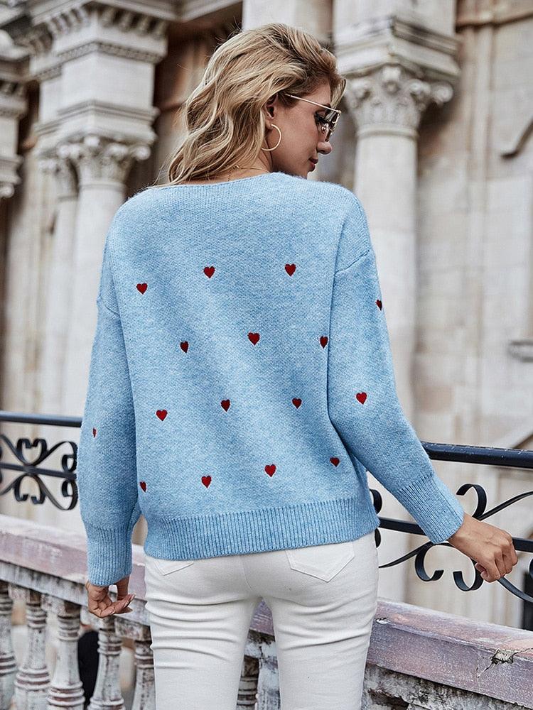 Embroidery Heart Print Sweater — V-Neck One Shoulder Sweater