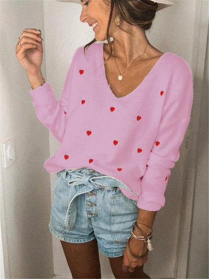 Embroidery Heart Print Sweater — V-Neck One Shoulder Sweater