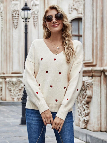 Embroidery Heart Print Sweater — V-Neck One Shoulder Sweater