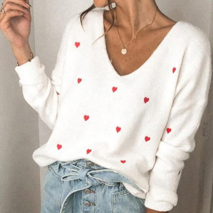 Embroidery Heart Print Sweater — V-Neck One Shoulder Sweater