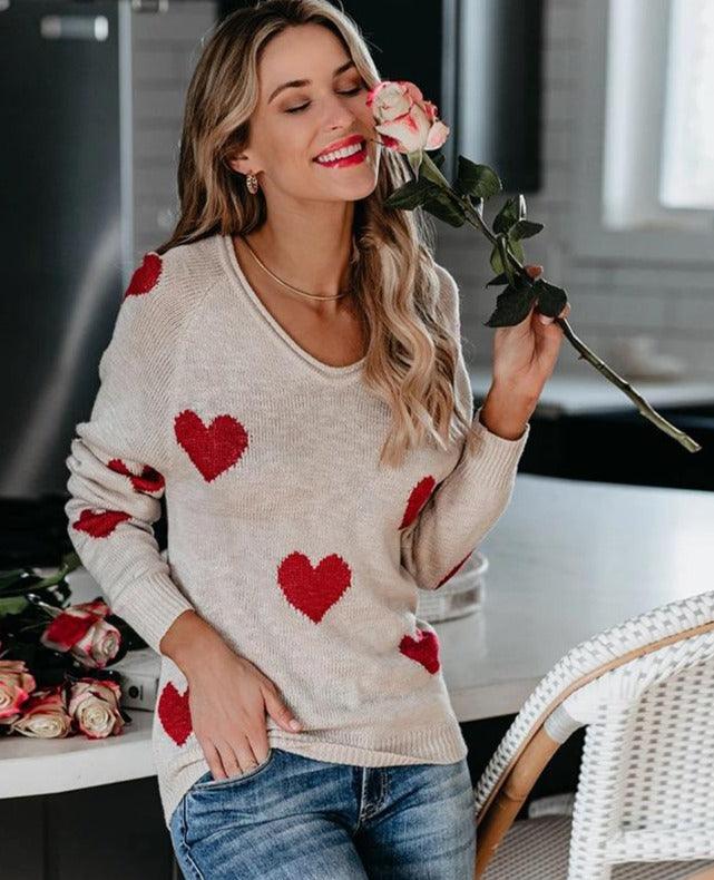 Women's Wide-Neck Cozy Pullover Heart Print Sweater