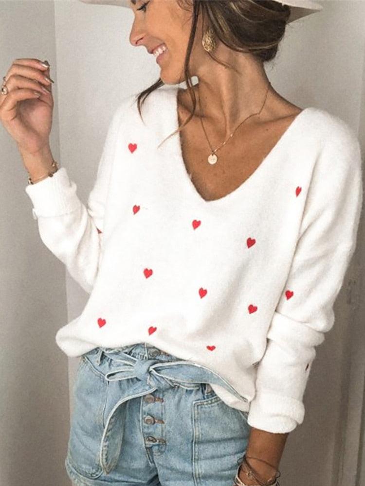 Embroidery Heart Print Sweater — V-Neck One Shoulder Sweater