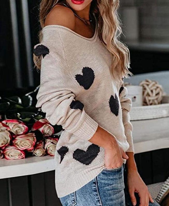 Women's Wide-Neck Pullover — Heart Print Sweater