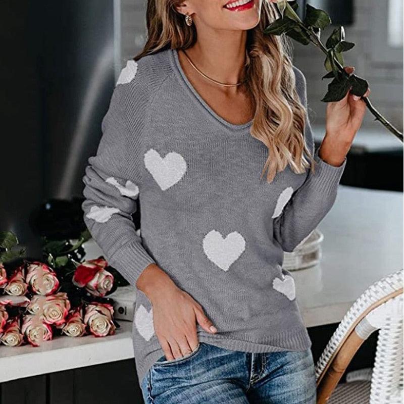 Women's Wide-Neck Pullover — Heart Print Sweater