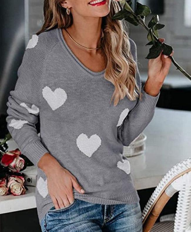 Women's Wide-Neck Pullover — Heart Print Sweater